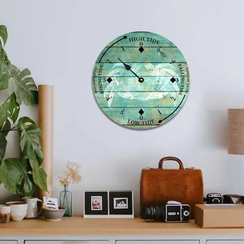 Vista 5 de Vintage Crab Tide Clock Beach Ocean Time Wood Tidal Clock with High Tide Low Tide Non-Ticking Tide Clock 10in Wall Tide Movement Clock for Wall