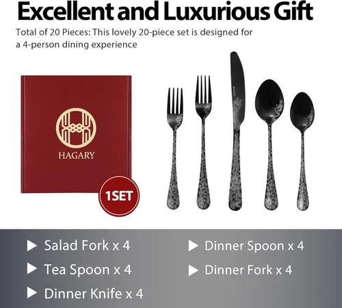 Vista 6 de Hagary Juego de cubiertos de dragón de 20 piezas de acero inoxidable para 4 utensilios para el hogar, cocina, boda, grabado láser, apto