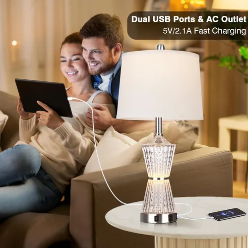 Vista 2 de Lámparas de Mesa Modernas de 26", Juego de 2 Lámparas de Mesa Luz Nocturna con 2 Puertos de Carga USB y Toma de CA, Lámpara de Mesita de Noche