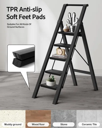 Vista 5 de Escalera de 5 escalones, taburete plegable ligero con cómodo agarre, escalera de aluminio de capacidad de 330 libras para oficina, hogar, cocina