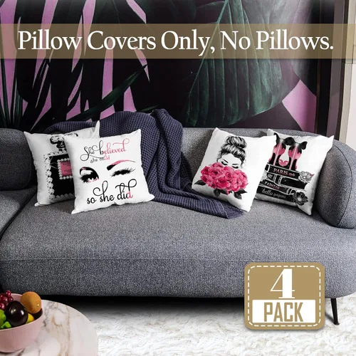 Vista 2 de UKZMN Juego de 4 fundas de almohada de 18 x 18 pulgadas, fundas de almohada decorativas con flores rosas y pestañas para sofá, funda de almohada