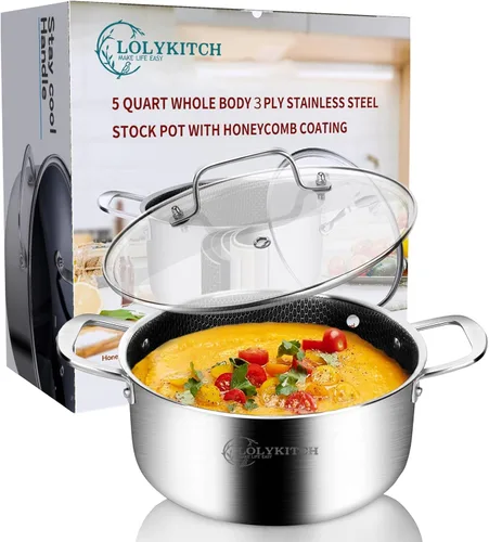 Vista 8 de LOLYKITCH Olla de cocina de inducción de acero inoxidable de tres capas de 3 cuartos, olla pequeña, olla de salsa con tapa, apta para lavaplatos