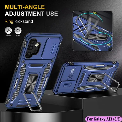 Vista 5 de Funda resistente para Samsung Galaxy A13 (5G), protector híbrido de goma de doble capa de grado militar con protector de cámara deslizante, soporte