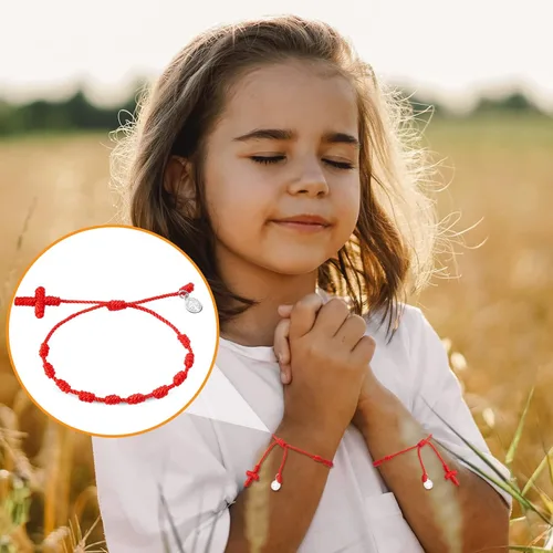 Vista 6 de Yinkin 30 Pieces St Benedict Medal Red Rosary Bracelet Bulk Adjustable Red Knot String Braided Bracelet Baby Protection Mexican Bracelets with Mesh