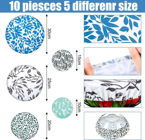 Vista 2 de 10 fundas reutilizables para tazones en 5 tamaños, tela elástica, para almacenamiento de alimentos, cubierta de tela de algodón para cocina, a