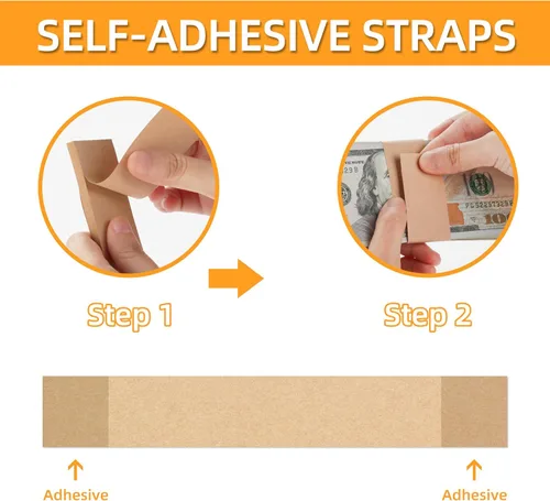 Vista 4 de PONNOR Paquete de 550 bandas de dinero en blanco natural kraft marrón para efectivo, correas autoadhesivas para monedas, para envoltorios