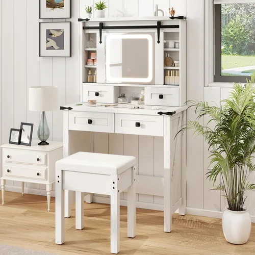 Vista 2 de CHARMAID Escritorio de Tocador Blanco con Espejo Deslizante Estilo Granero y Luces, Escritorio de Tocador de Maquillaje con Superficie de Vidrio