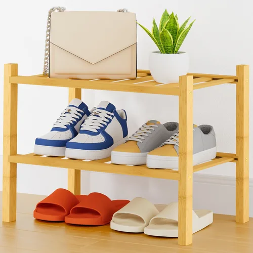 Vista 147 de Smiry Zapatero pequeño de bambú de 2 niveles, apilable, estante de almacenamiento de zapatos de madera para armario, entrada, entrada de puerta Negro