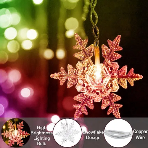 Vista 4 de Guirnalda de luces de copo de nieve de Navidad, 20 pies, 40 luces LED, funciona con pilas, impermeable, iluminación parpadeante, decoración