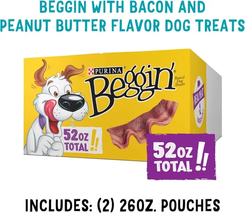 Vista 6 de Purina Beggin' Tiras con golosinas de carne real para perros, con sabor a tocino y mantequilla de maní, (paquete de 2) bolsas de 26 onzas