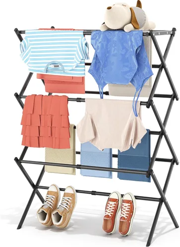 APEXCHASER Estante de Secado de Ropa, Estante de Secado de 3 Niveles para Ropa, Secador de Ropa Metálico Expandible, Estante de Toallas Plegable,