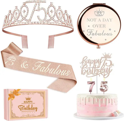 Decoraciones de cumpleaños número 75 para mujer, incluye espejo compacto de Not a Day Over Fabulous, banda y corona de cumpleaños 75, adorno para