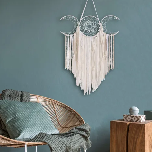 Vista 2 de ANROYE Colgante de Pared de Macramé Blanco de Triple Luna de la Diosa, Atrapasueños de Media Luna Boho, Atrapasueños Bohemio para Dormitorio