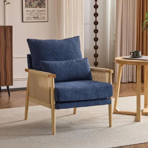 VINGLI Sillón de Acento Bohemio con Trenza, Silla Moderna de Mediados de Siglo con Reposabrazos de Madera Maciza, Cómoda Silla de Cojín de Salón con