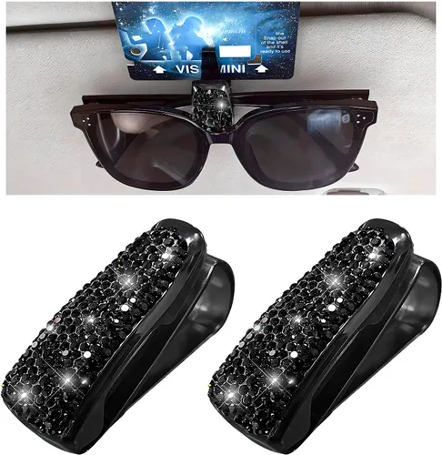 Vista 8 de Dickno 2 piezas de soporte para lentes de sol con pedrería para visera de coche, soporte para lentes de sol con strass con clip para tarjetas
