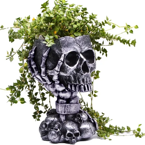 Vista 10 de Macetero de calavera, maceta gótica, macetas góticas, macetas para suculentas con drenaje, maceta de Halloween, estatua de calaveras blancas altas