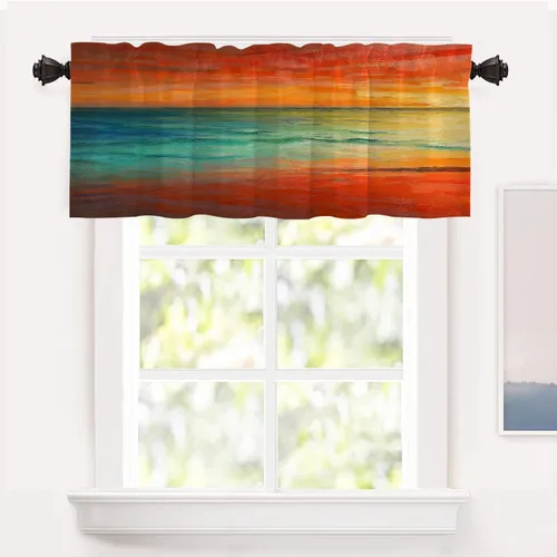 Vista 155 de Shrahala Beige and Orange Abstract Art Brushstrokes Tier Curtains for Kitchen Windows, Abstract Oil Paint Cafe Curtain Multilayer Polyester Blackout