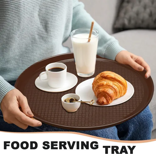 Vista 4 de 6 bandejas redondas de plástico para servir restaurante, bandejas de servicio de alimentos, superficie antideslizante, bandeja para camarero