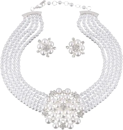 Chamvino Gargantilla de perlas de imitación multicapa de moda y exagerada, juego de joyas de aretes, collar de novia, accesorios de vestir para