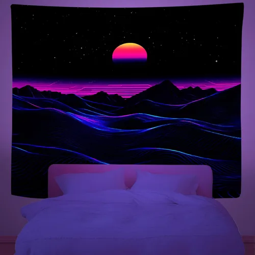 Zpryzmia Blacklight Retro Synthwave Tapestry, Abstract Sun Lines Mountain Tapestry Glow In the Dark Wall Hanging, UV Reactive Neon Punk Tapestries