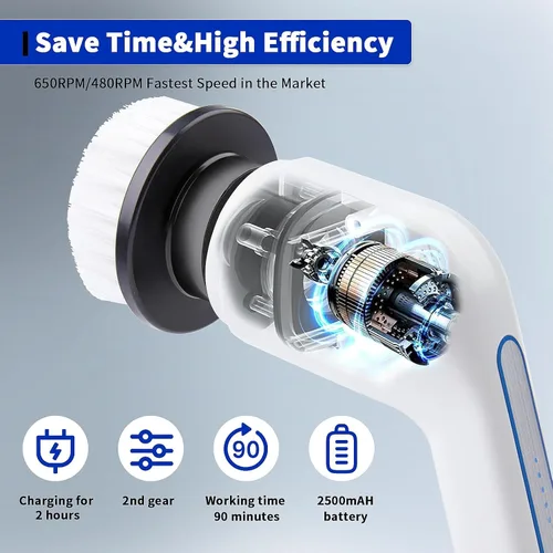 Vista 4 de Limpiador eléctrico giratorio, cepillo de limpieza inalámbrico con 7 cabezales de cepillo reemplazables, limpiador eléctrico 2 velocidades