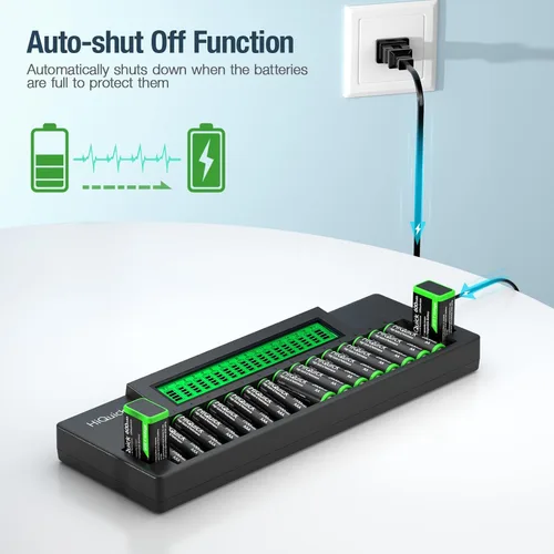Vista 4 de HiQuick Cargador de batería AA AAA 9V de 16+2 bahías, carga rápida para baterías recargables NiMH NiCD, 2 ranuras de carga separadas para batería