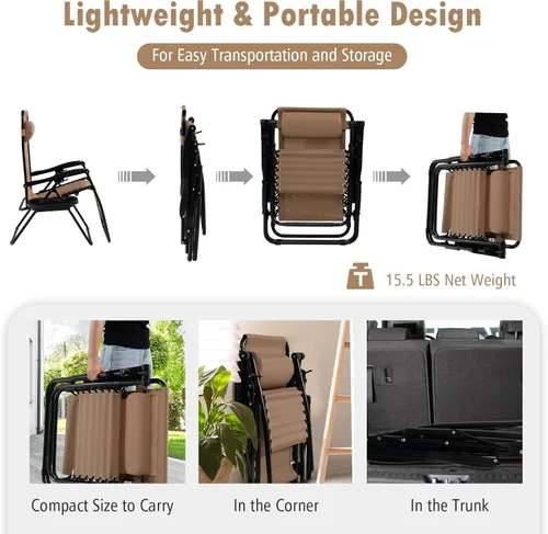 Vista 8 de Tangkula Zero Gravity - Silla plegable para patio, reclinable, ajustable, con soporte para tazas, reposabrazos anchos para patio, jardín, piscina