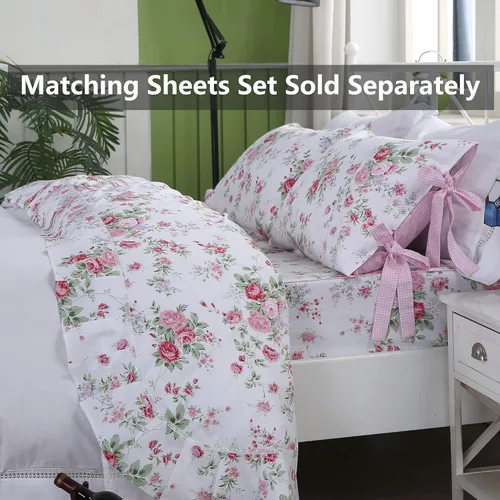 Vista 7 de FADFAY Juego de edredón floral rosa tamaño individual, edredón de verano floral desgastado 100% tela de algodón con relleno interior de microfibra