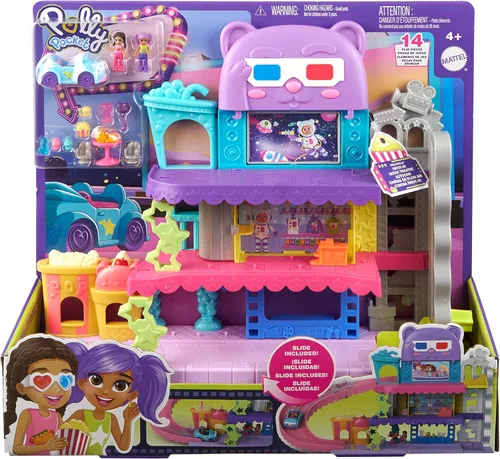 Vista 6 de Polly Pocket Pollyville Muñecas y juego de juego, autocine con 2 micro muñecas, 1 auto de juguete y 11 accesorios