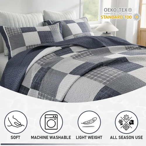 Vista 8 de KALOOLA Colchas de granja tamaño Queen – Juego de ropa de cama acolchado ligero 100% algodón, 3 piezas, colcha a cuadros estampada con 2 fundas
