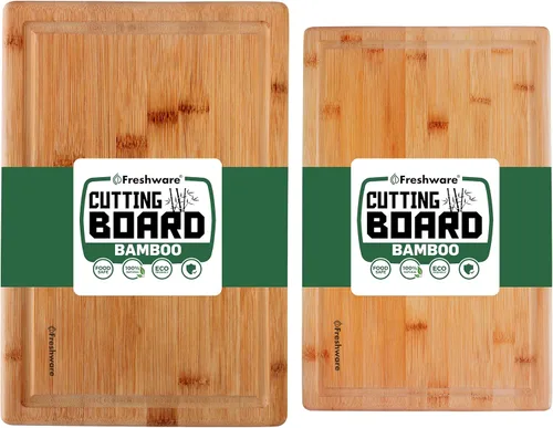 Freshware Freshware - Tabla de cortar de bambú para cocina con ranura para jugos [Juego de 2] Tabla de cortar de madera para cortar carne, verduras,
