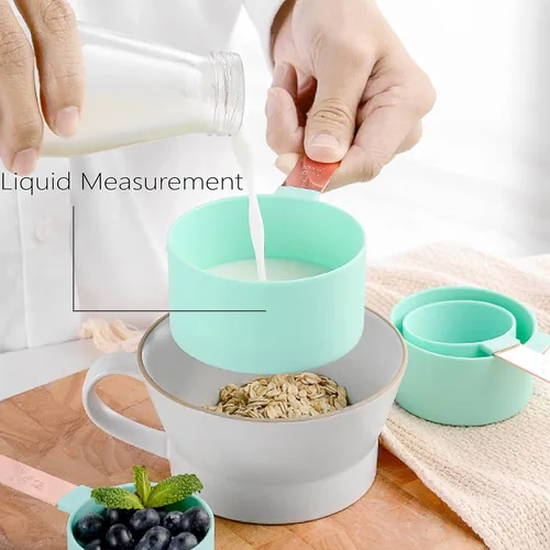 Vista 6 de Juego de tazas y cucharas medidoras con mango de acero inoxidable de oro rosa, 8 cucharadas apilables y precisas para medir ingredientes secos