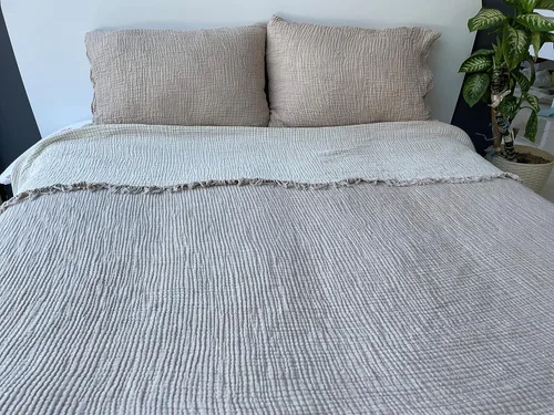 Vista 5 de Manta de muselina 100% algodón, colcha de 4 capas, funda de cama suave de muselina de algodón turco, colcha reversible, beige