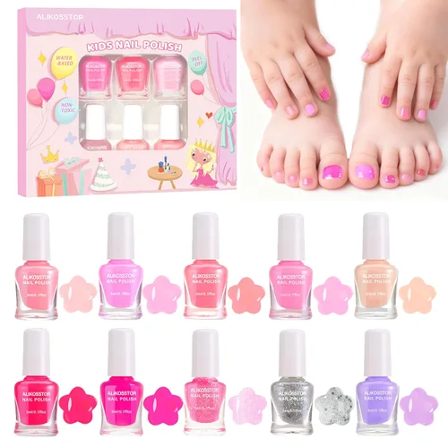 Juego de esmalte de uñas rosa para niños, 10 piezas de esmalte de uñas no tóxico de secado rápido y fácil de quitar a base de agua para niños