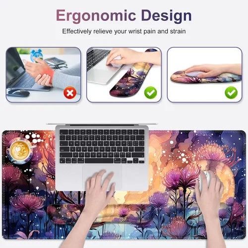 Vista 3 de 4 en 1 Alfombrilla de ratón grande, juego de reposa muñecas para teclado, alfombrilla de ratón ergonómica con soporte de muñeca, alfombrilla