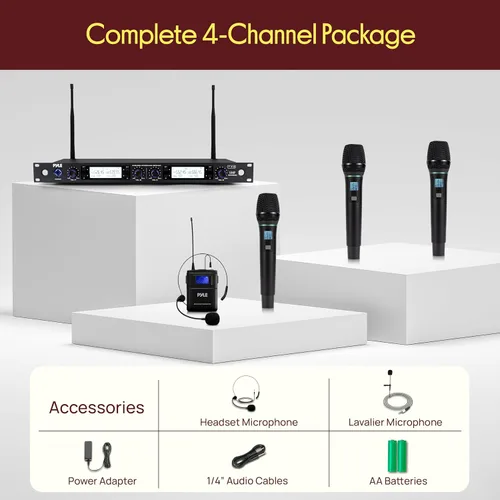 Vista 7 de Pyle Sistema de micrófono inalámbrico de 4 canales, micrófonos de mano, Lavalier y auriculares de grado profesional con transmisor de cinturón
