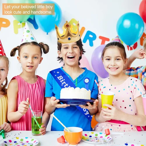 Vista 3 de Juego de fiesta de cumpleaños, corona de rey, banda, decoraciones, accesorios de fotos para niños