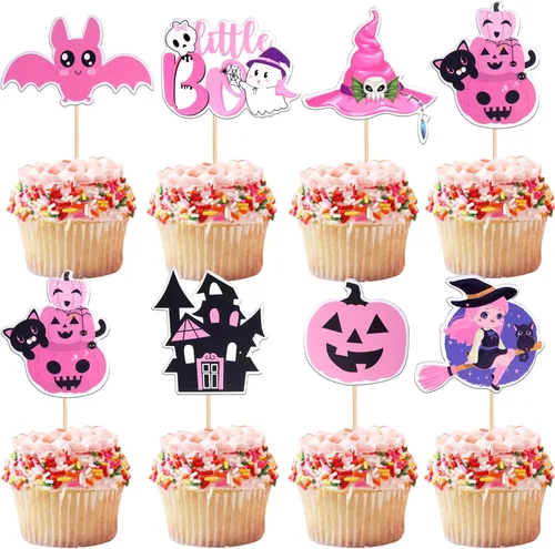 Vista 20 de 24 piezas de decoración de cupcakes de Halloween para despedida de soltero con purpurina, araña, bruja, murciélago, Halloween, cupcakes