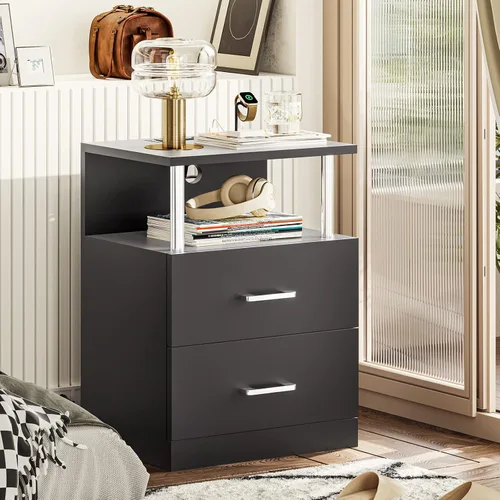 Vista 8 de VIAGDO - Mesa de noche negra con estación de carga y puertos USB, mesa de noche LED con 2 cajones, mesas de cabecera modernas con almacenamiento