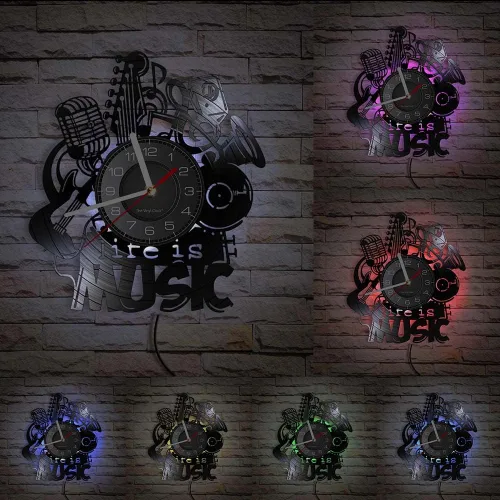 Life Is Music - Reloj de pared LED de vinilo de 12 pulgadas con 7 colores que cambian silencioso, sin tictac, diseño moderno, música antigua, luz