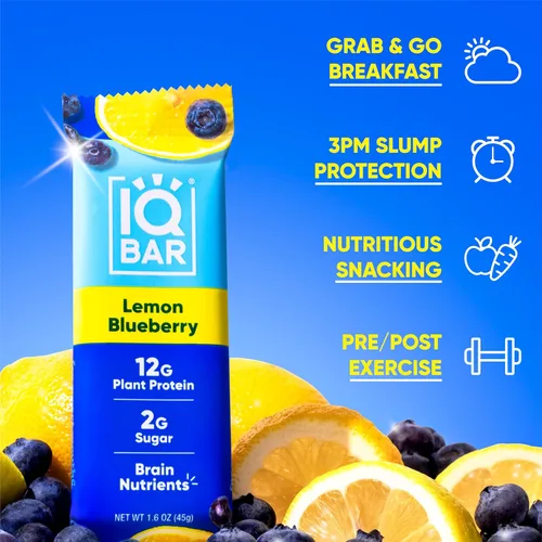 Vista 9 de IQBAR Brain and Body Keto Protein Bars 12 unidades de mantequilla de almendras, chips de mantequilla de maní y barras keto de arándanos y limón