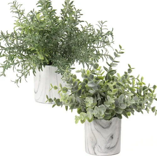 Vista 13 de Hollyone Mini plantas artificiales en macetas, plantas falsas en macetas de mármol, 1 pieza de plástico de eucalipto, vegetación sintética