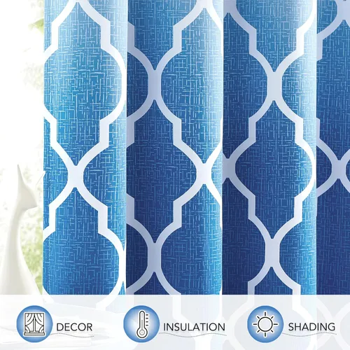 Vista 3 de Cortinas Metro Parlor Ombre 100% opacas de 72 pulgadas de largo, 2 paneles para sala de estar, dormitorio con patrón geométrico marroquí azul