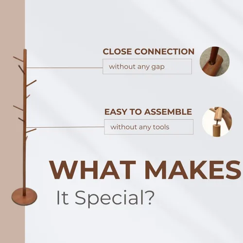 Vista 28 de Perchero y soporte de madera maciza, colgador de ropa independiente con 8 ganchos y 3 alturas ajustables, perchero, soporte para sombreros, Natural