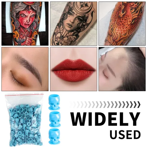 Vista 5 de Tapas de tinta para tatuajes 200 piezas, desechables, tazas de plástico con forma de calavera para maquillaje, cejas, delineador de labios, con Azul