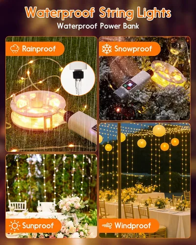 Vista 7 de Anpro Luces de Cadena para Exteriores e Interiores: 66 Pies 200 LED Luces de Cadena Recargables para Exteriores, Recogida Rápida, Luces de Camping