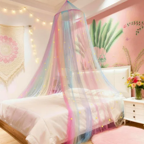Vista 7 de Eimilaly Dosel de Cama Arcoíris para Niñas Red Mosquitera, Instalación Fácil Dosel de Princesa para Decoración de Dormitorio de Niños