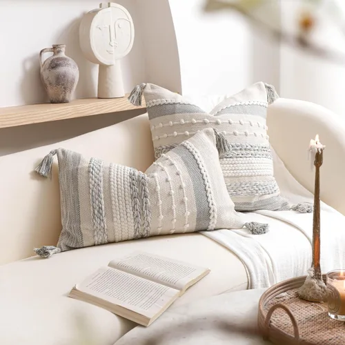 Vista 5 de BlissBlush Funda de almohada decorativa bohemia gris de 22 x 22 pulgadas, cojín cuadrado de estilo rústico para sofá, sala de estar y dormitorio