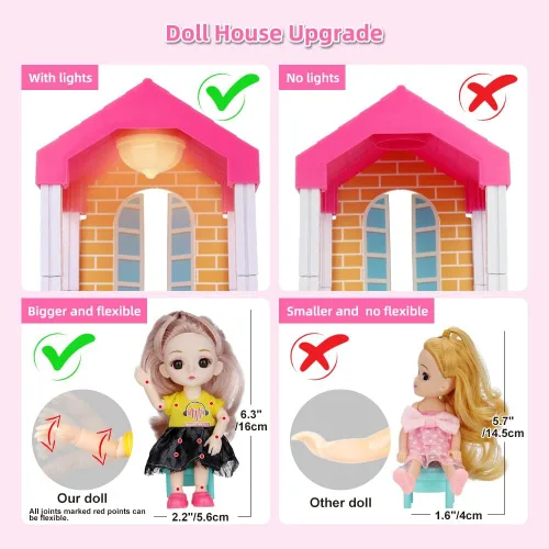 Vista 3 de Kit de casa de muñecas, accesorios y muebles de casa de muñecas, juego de construcción de bricolaje con muñeca y luces, casa de princesa de ensueño