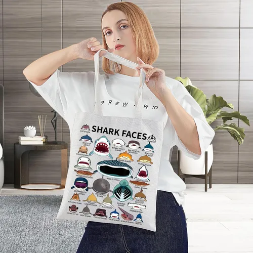Vista 2 de BWWKTOP Bolsa de lona con cara de tiburón, regalo para amantes de los tiburones, bolsas reutilizables para comestibles